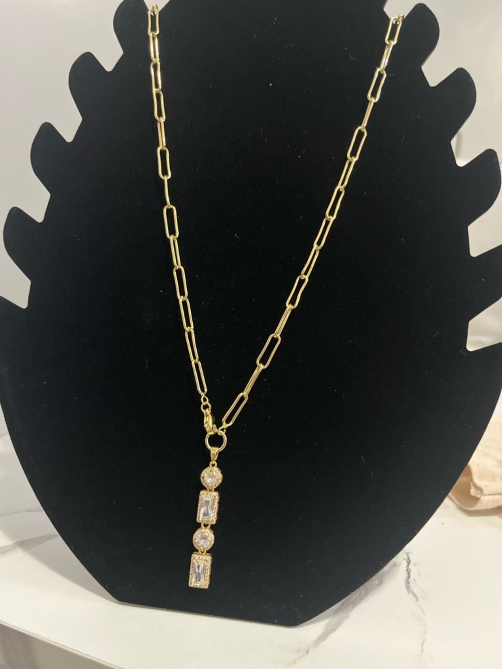 Gold Link Chain Necklace with Trio Crystal Drop - Women Jewelry